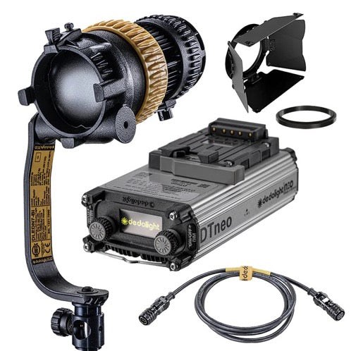 Dedolight DLED7N-BI Light head neo bicolor, DTN Power Supply, DPOWN Cable 1.3m, DLPS15-100 AC-DC Power Supply, DPLS Light shield ring, DBD8 Standard barn door