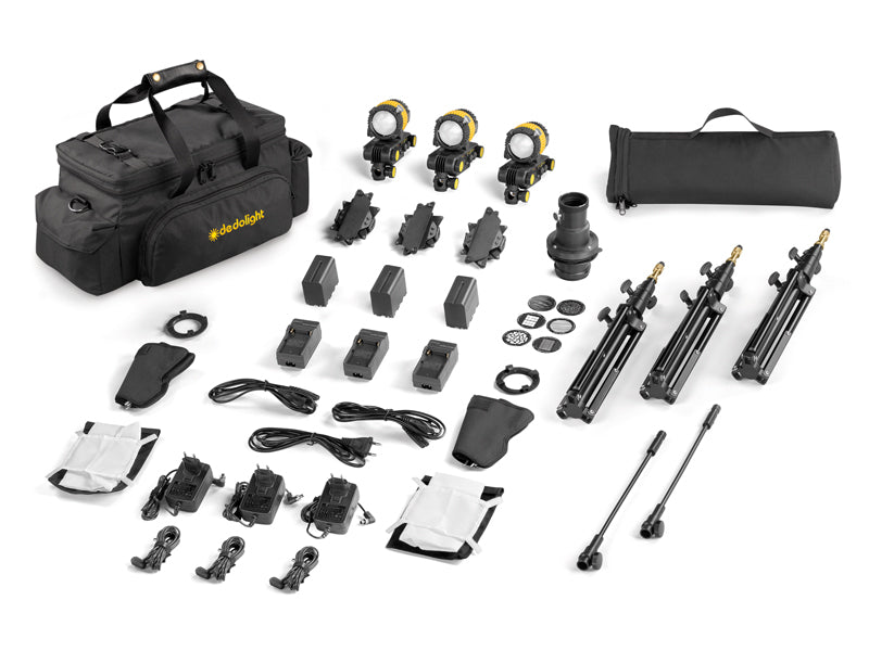 Dedolight 3 Light Micro Kit - BICOLOR AC/DC - 3x DLED2-BI LED light heads, soft box, batteries, DP1S and accessories, comes with DSCS soft case (with extra belt clips to combine DSCS with SDSTM3 stand kit)