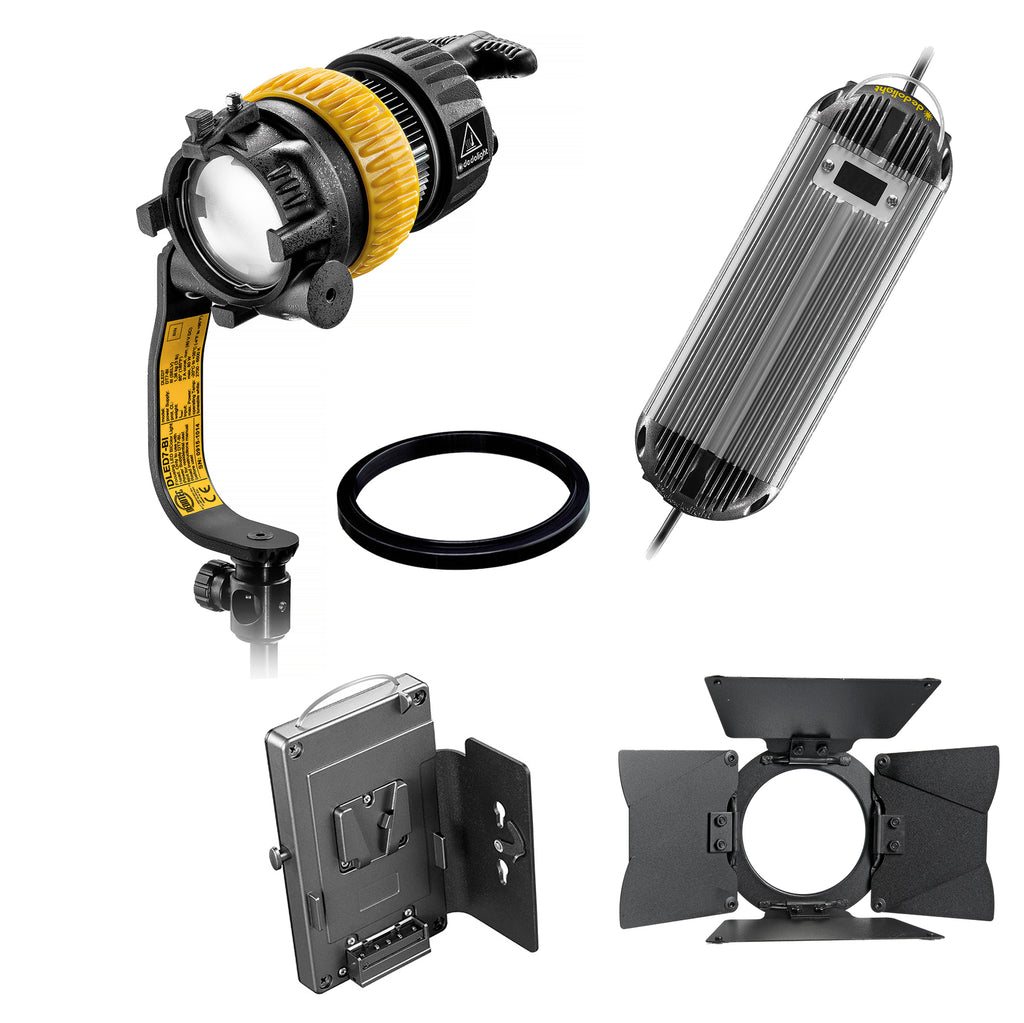 Dedolight DLED7 Turbo LED light head, bicolor, DT7-BI-BAT power supply, light shield ring, barn door