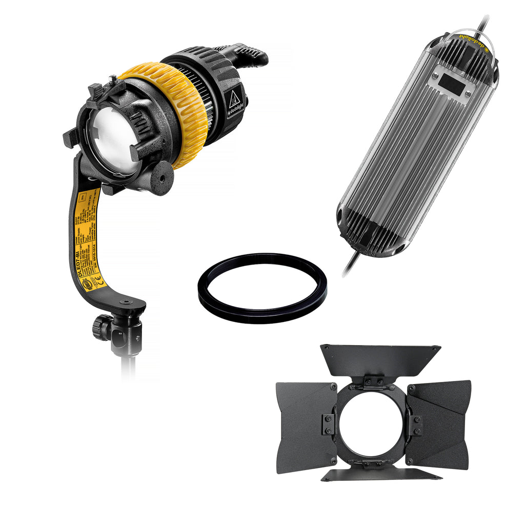 Dedolight DLED7 Turbo LED light head, bicolor, DT7-BI power supply, light shield ring, barn door, European cable