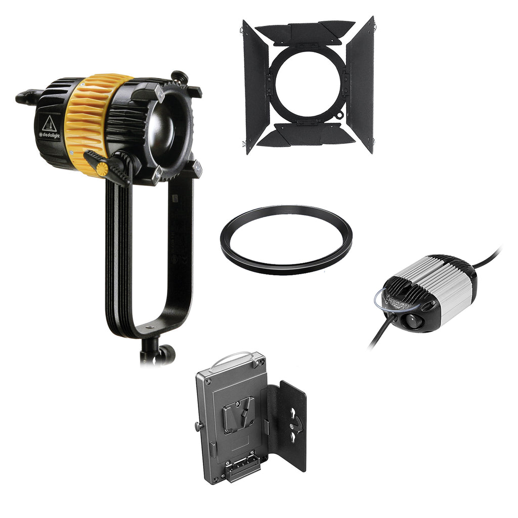 Dedolight DLED9 LED light head, bicolor, DT9-BI-BAT power supply, light shield ring, barn door