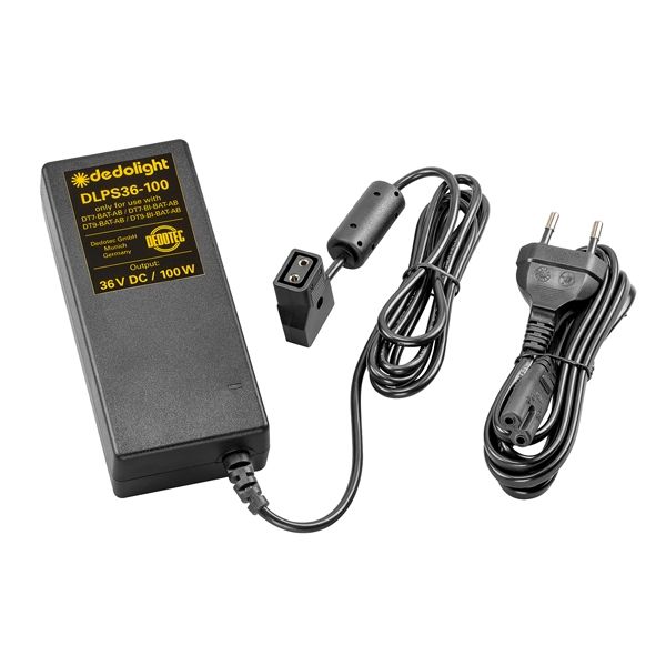 Dedolight AC power supply with female D-TAP output connector, 36V / 100W / 2,8A for DT7/9(-BI)-BAT-AB ballasts. 100-240 V AC, please specify AC connector